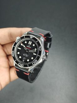 Alternative view of Side Stitch Black Red Stitch Italian Handmade Leather Strap