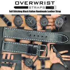 Full Stitching Black Italian Handmade Leather Strap