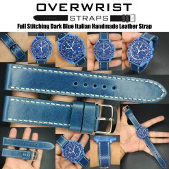 Full Stitching Dark Blue Italian Handmade Leather Strap