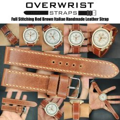 Full Stitching Red Brown Italian Handmade Leather Strap