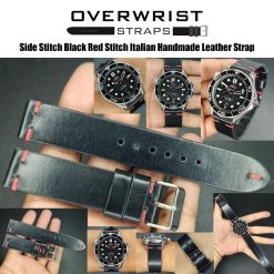 Side Stitch Black Red Stitch Italian Handmade Leather Strap