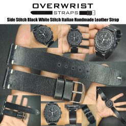 Side Stitch Black White Stitch Italian Handmade Leather Strap
