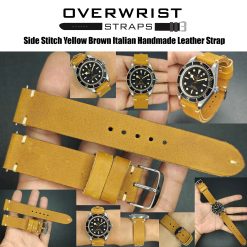 Side Stitch Yellow Brown Italian Handmade Leather Strap