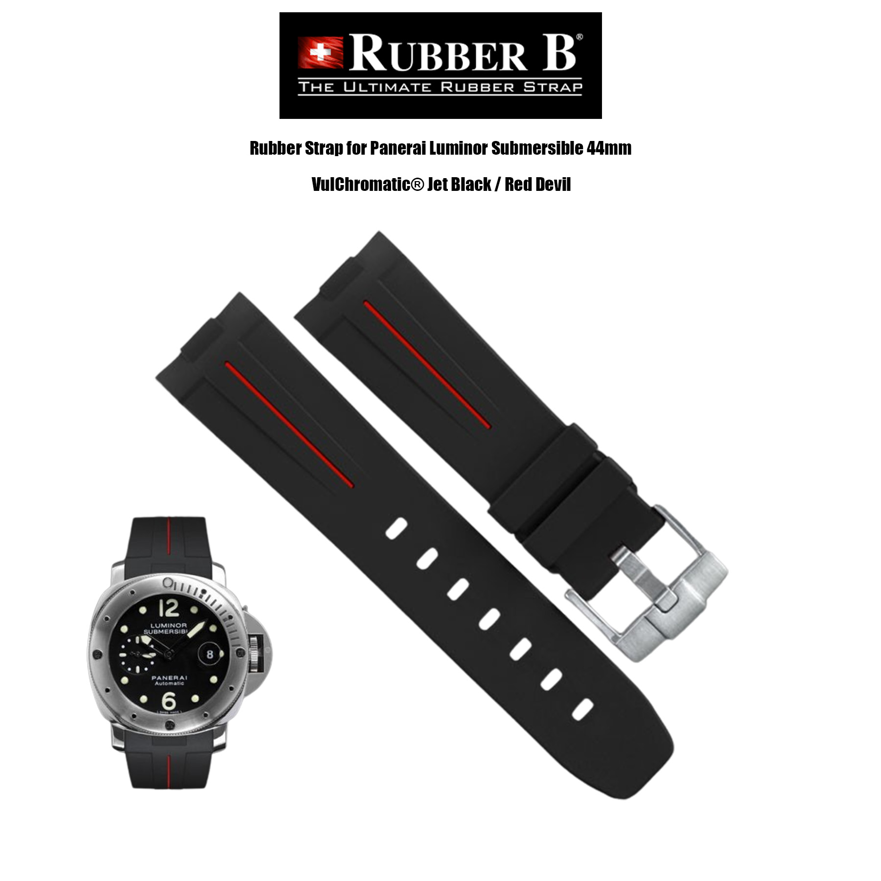 Rubber B VulChromatic® Jet Black / Red Devil Rubber Strap for Rubber Strap for Panerai Luminor Submersible 44mm