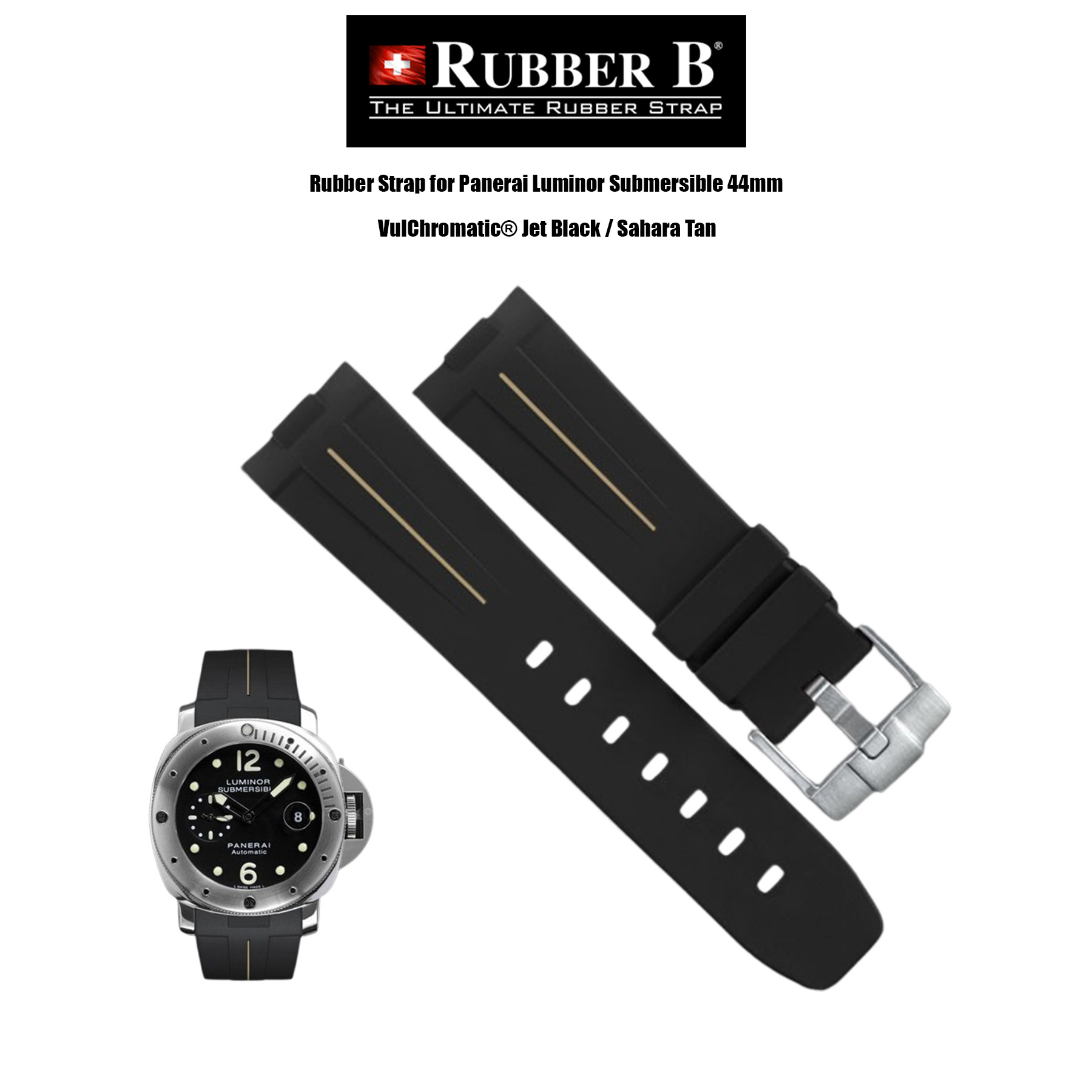 Rubber B VulChromatic® Jet Black / Sahara Tan Rubber Strap for Rubber Strap for Panerai Luminor Submersible 44mm