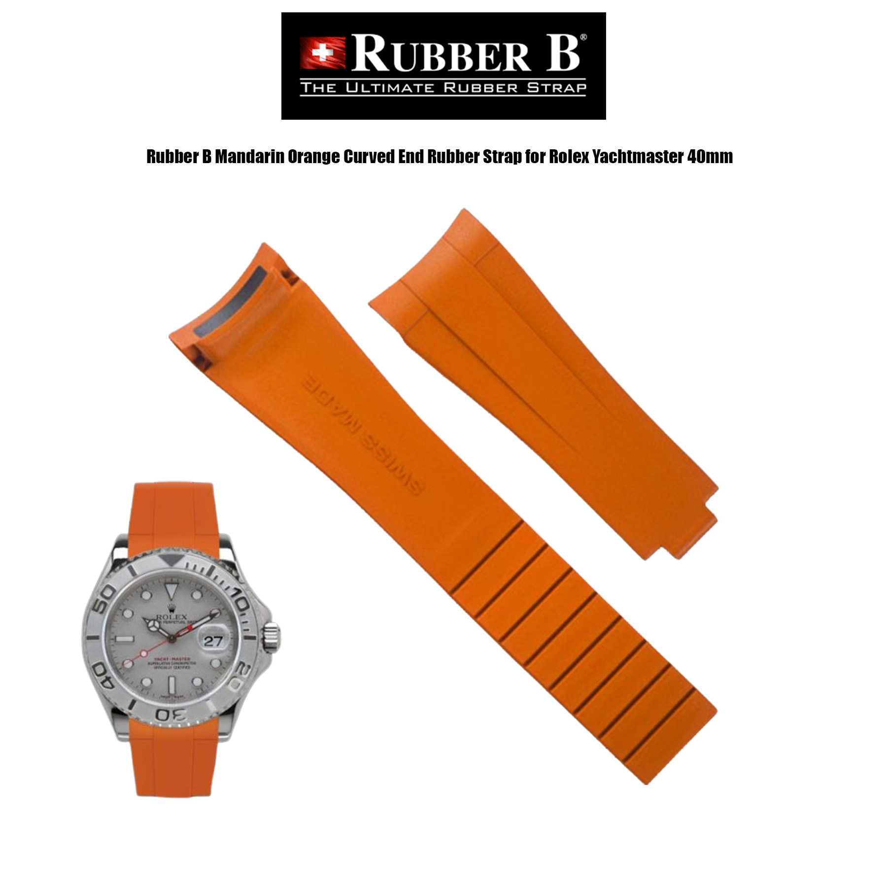 Rubber B Mandarin Orange Curved End Rubber Strap for Rolex Yachtmaster 40mm