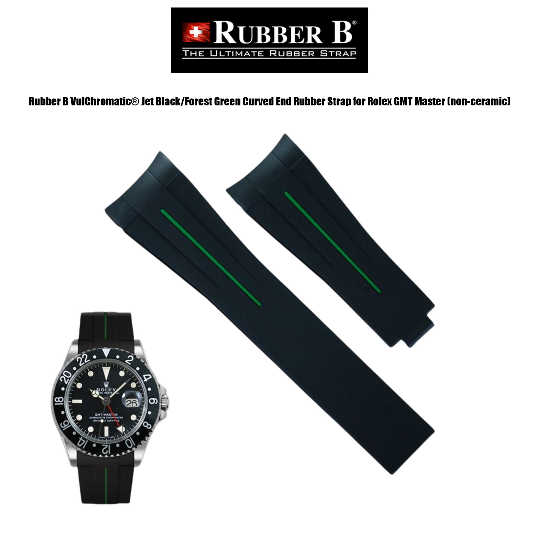 Rubber B VulChromatic® Jet Black/Forest Green Curved End Rubber Strap for Rolex GMT Master (non-ceramic)