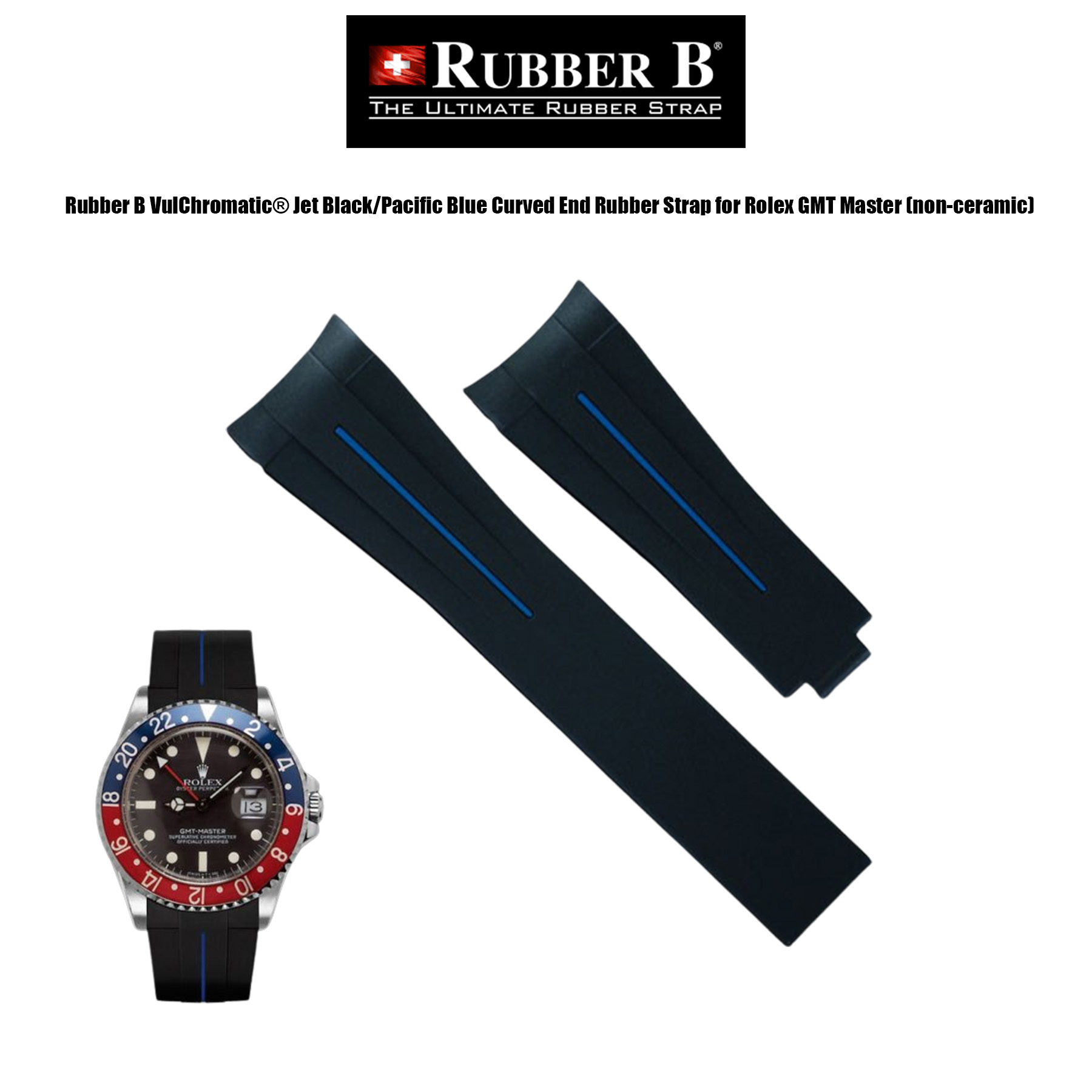 Rubber B VulChromatic® Jet Black/Pacific Blue Curved End Rubber Strap for Rolex GMT Master (non-ceramic)