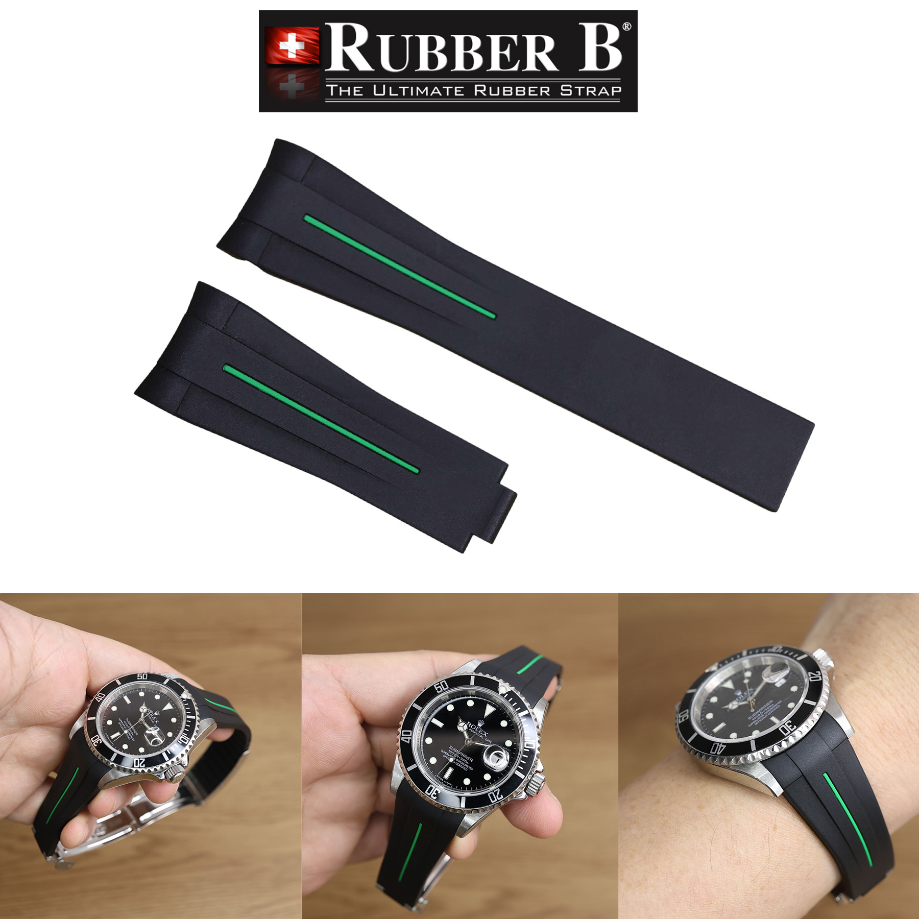 Rubber B VulChromatic® Jet Black/Forest Green Curved End Rubber for Submariner 40mm (Non Ceramic) and Ceramic 40mm with Oyster Clasp