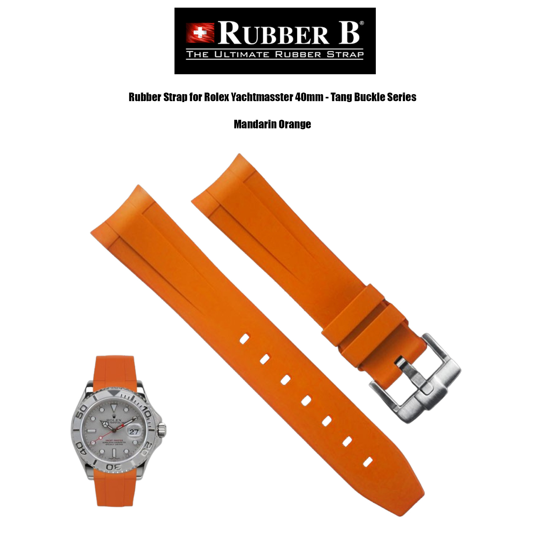 Rubber B Mandarin Orange Rubber Strap for Rolex Yachtmaster 40mm Tang Buckle