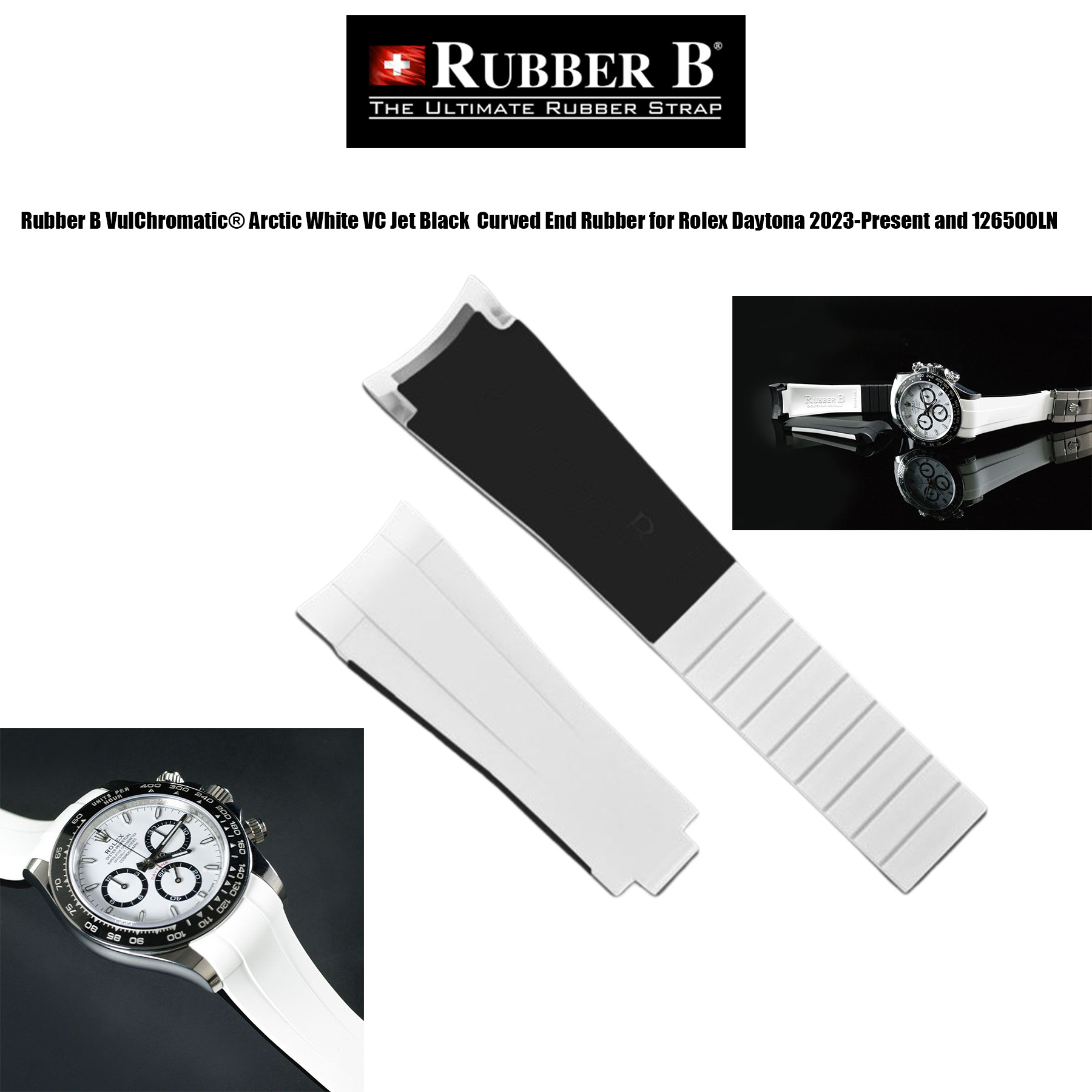Rubber B VulChromatic® Arctic White VC Jet Black Curved End Rubber for Rolex Daytona 2023-Present and 126500LN